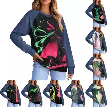 Женская повседневная мода, удобная толстовка с рукавом реглан и V-образным вырезом с принтом ведьмы L чёрный