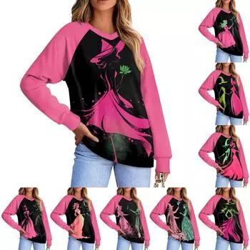 Женская повседневная мода, удобная толстовка с рукавом реглан и V-образным вырезом с принтом ведьмы L чёрный