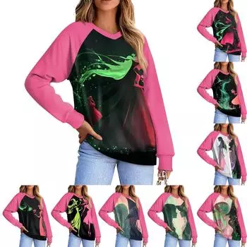 Женская повседневная мода, удобная толстовка с рукавом реглан и V-образным вырезом с принтом ведьмы L чёрный