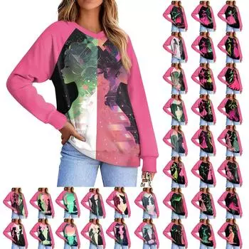 Женская повседневная мода, удобная толстовка с рукавом реглан и V-образным вырезом с принтом ведьмы L темно-фиолетового