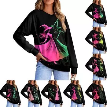 Женская повседневная мода, удобная толстовка с рукавом реглан и V-образным вырезом с принтом ведьмы L чёрный