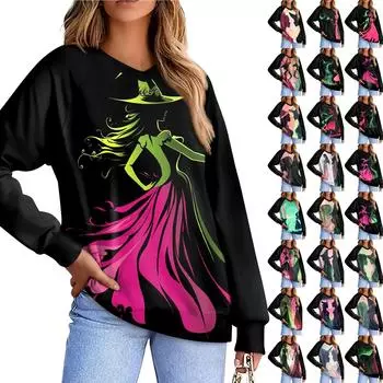 Женская повседневная мода, удобная толстовка с рукавом реглан и V-образным вырезом с принтом ведьмы L чёрный