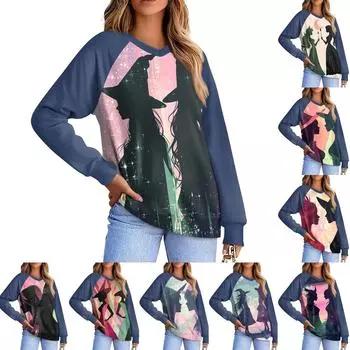 Женская повседневная мода, удобная толстовка с рукавом реглан и V-образным вырезом с принтом ведьмы XXXL