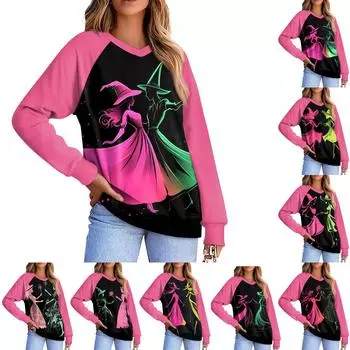 Женская повседневная мода, удобная толстовка с рукавом реглан и V-образным вырезом с принтом ведьмы L чёрный