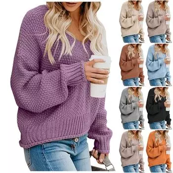 Женская повседневная мода V-образный вырез однотонный длинный рукав пуловер рубашка топы L бежевый