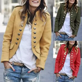 Женская повседневная мода в стиле ретро с пуговицами и карманами Куртка-бомбер Повседневное пальто Верхняя одежда