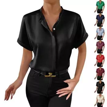 Женская повседневная модная атласная однотонная блузка с короткими рукавами, рубашка с короткими рукавами и лацканами, сатиновая рабочая рубашка L чёрный