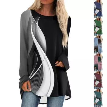 Женская повседневная модная блузка с цветным принтом и длинным рукавом средней длины XL чёрный