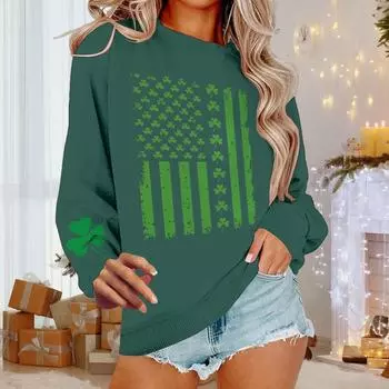 Женская повседневная модная блузка с длинным рукавом и круглым вырезом с принтом L армия зеленый