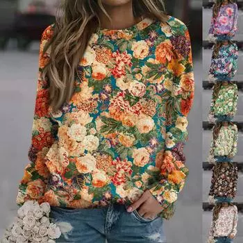 Женская повседневная модная блузка с длинным рукавом и круглым вырезом с принтом и пуловером L чёрный