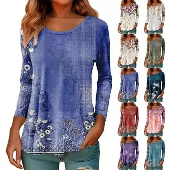 Женская повседневная модная блузка с длинным рукавом и круглым вырезом с цветочным принтом и пуловером M фиолетовый