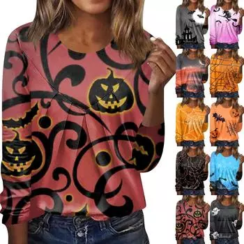 Женская повседневная модная блузка с длинным рукавом и круглым вырезом с принтом Хэллоуина L имбирный