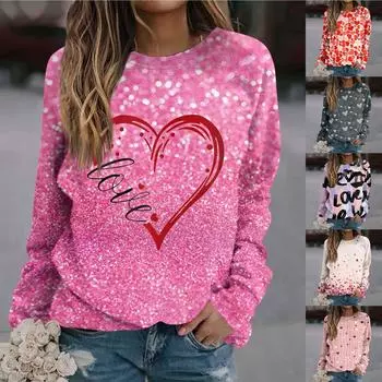 Женская повседневная модная блузка с длинным рукавом и круглым вырезом с принтом ко Дню святого Валентина XXXL