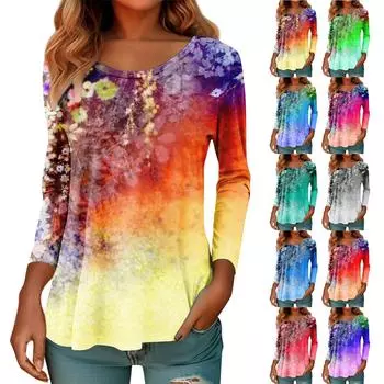 Женская повседневная модная блузка с длинным рукавом и круглым вырезом с цветочным принтом и пуловером XL синий