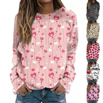 Женская повседневная модная блузка с длинным рукавом и круглым вырезом с принтом ко Дню святого Валентина L белый