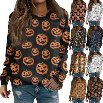 Женская повседневная модная блузка с длинным рукавом и круглым вырезом с принтом Хэллоуина L