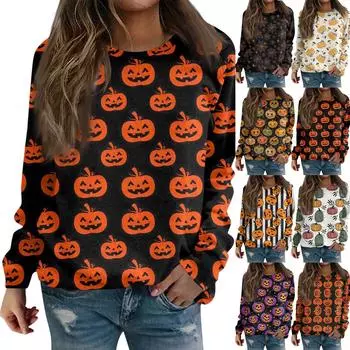 Женская повседневная модная блузка с длинным рукавом и круглым вырезом с принтом Хэллоуина M белый