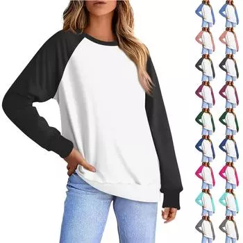 Женская повседневная модная блузка с длинным рукавом и круглым вырезом с принтом и рукавом реглан L чёрный