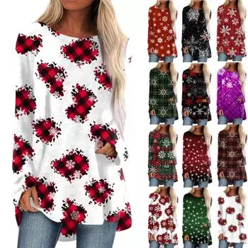 Женская повседневная модная блузка с длинным рукавом и рождественским принтом средней длины M чёрный