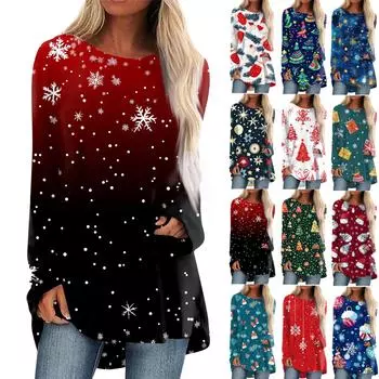 Женская повседневная модная блузка с длинным рукавом и рождественским принтом средней длины M синий