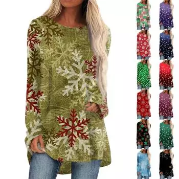 Женская повседневная модная блузка с длинным рукавом и рождественским принтом средней длины L