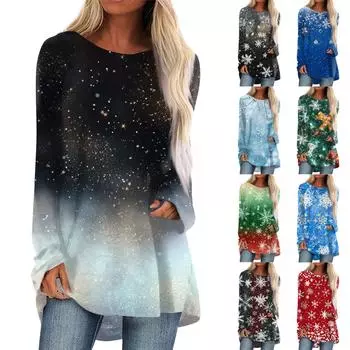 Женская повседневная модная блузка с длинным рукавом и рождественским принтом средней длины M