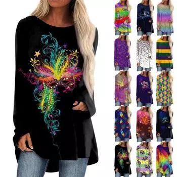 Женская повседневная модная блузка с длинным рукавом и принтом средней длины с карнавальным принтом XXXL синий