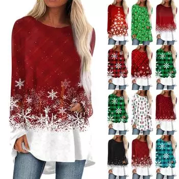 Женская повседневная модная блузка с длинным рукавом и рождественским принтом средней длины M