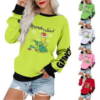 Женская повседневная модная блузка с длинным рукавом и круглым вырезом с принтом и пуловером L