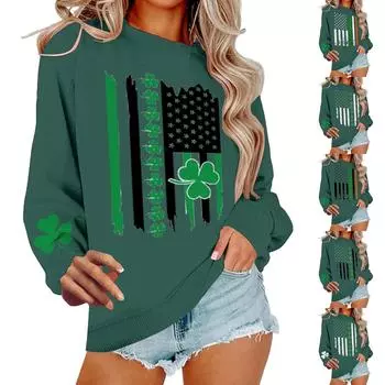 Женская повседневная модная блузка с длинным рукавом и круглым вырезом с принтом L армия зеленый