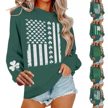 Женская повседневная модная блузка с длинным рукавом и круглым вырезом с принтом L армия зеленый