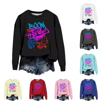 Женская повседневная модная блузка с длинным рукавом и круглым вырезом с принтом и пуловером XXL