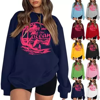 Женская повседневная модная блузка с длинным рукавом и круглым вырезом с принтом и пуловером L чёрный