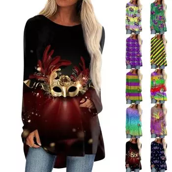 Женская повседневная модная блузка с длинным рукавом и принтом средней длины с карнавальным принтом L