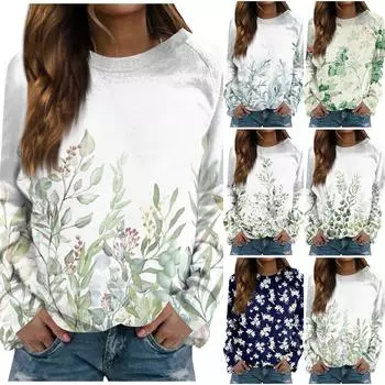 Женская повседневная модная блузка с длинным рукавом и круглым вырезом с цветочным принтом и пуловером M циан