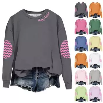 Женская повседневная модная блузка с длинным рукавом и круглым вырезом с принтом счастливой Пасхи L синий