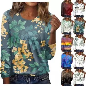 Женская повседневная модная блузка с длинным рукавом и круглым вырезом с цветочным принтом и пуловером XXXXL