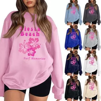 Женская повседневная модная блузка с длинным рукавом и круглым вырезом с принтом L тёмно-синий