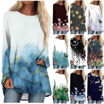Женская повседневная модная блузка с длинным рукавом и круглым вырезом с цветочным принтом и пуловером M