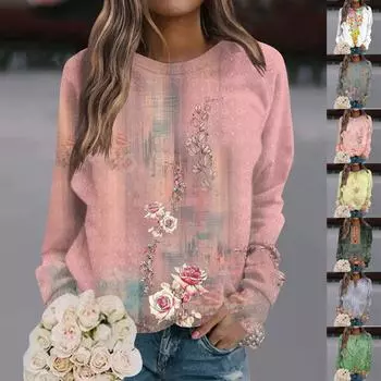 Женская повседневная модная блузка с длинным рукавом и круглым вырезом с цветочным принтом и пуловером M розовый