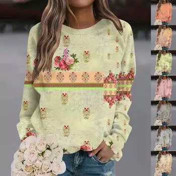 Женская повседневная модная блузка с длинным рукавом и круглым вырезом с цветочным принтом и пуловером XL