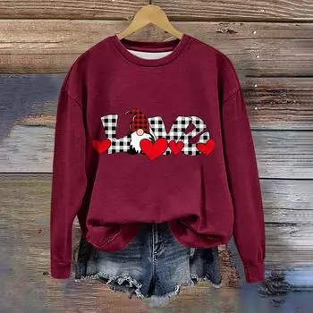 Женская повседневная модная блузка с длинным рукавом и круглым вырезом с принтом ко Дню святого Валентина S винный