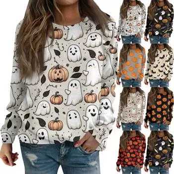 Женская повседневная модная блузка с длинным рукавом и круглым вырезом с принтом Хэллоуина S хаки