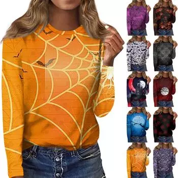 Женская повседневная модная блузка с длинным рукавом и круглым вырезом с принтом Хэллоуина L винный