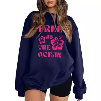 Женская повседневная модная блузка с длинным рукавом и круглым вырезом с принтом XXL тёмно-синий