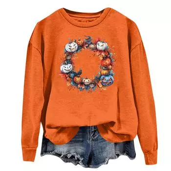 Женская повседневная модная блузка с длинным рукавом и круглым вырезом с принтом XL оранжевый