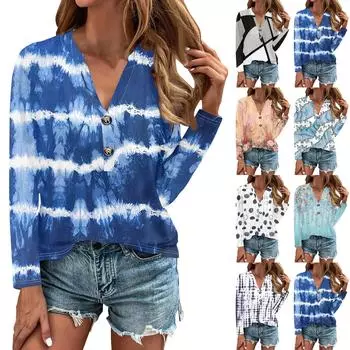 Женская повседневная модная блузка с длинными рукавами и пуговицами с v-образным вырезом и пуловером XL