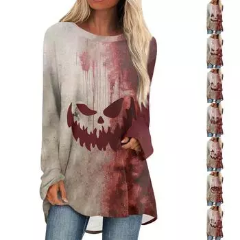 Женская повседневная модная блузка средней длины с длинным рукавом и принтом на Хэллоуин XXXL бежевый