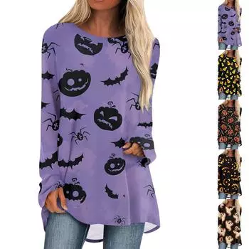 Женская повседневная модная блузка средней длины с длинным рукавом и принтом на Хэллоуин XXL имбирный