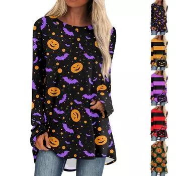 Женская повседневная модная блузка средней длины с длинным рукавом и принтом на Хэллоуин S